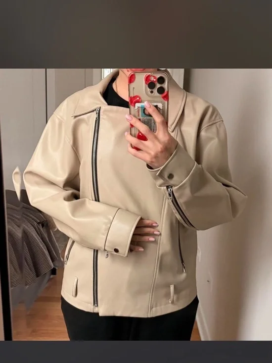 Beige Faux Leather Moto Jacket - Women's Coat - Picture 2 of 4